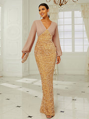 Temperament Wedding V-neck Long-sleeved Sequined Party Bag Hip Fishtail Evening Dress Sai Feel