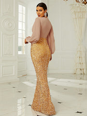 Temperament Wedding V-neck Long-sleeved Sequined Party Bag Hip Fishtail Evening Dress Sai Feel