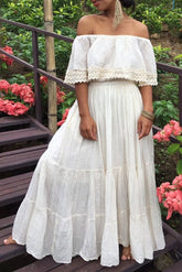 Three-Quarter Sleeve Floor-Length Pleated Off Shoulder Expansion Women's Dress Sai Feel