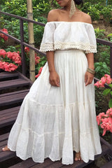 Three-Quarter Sleeve Floor-Length Pleated Off Shoulder Expansion Women's Dress Sai Feel