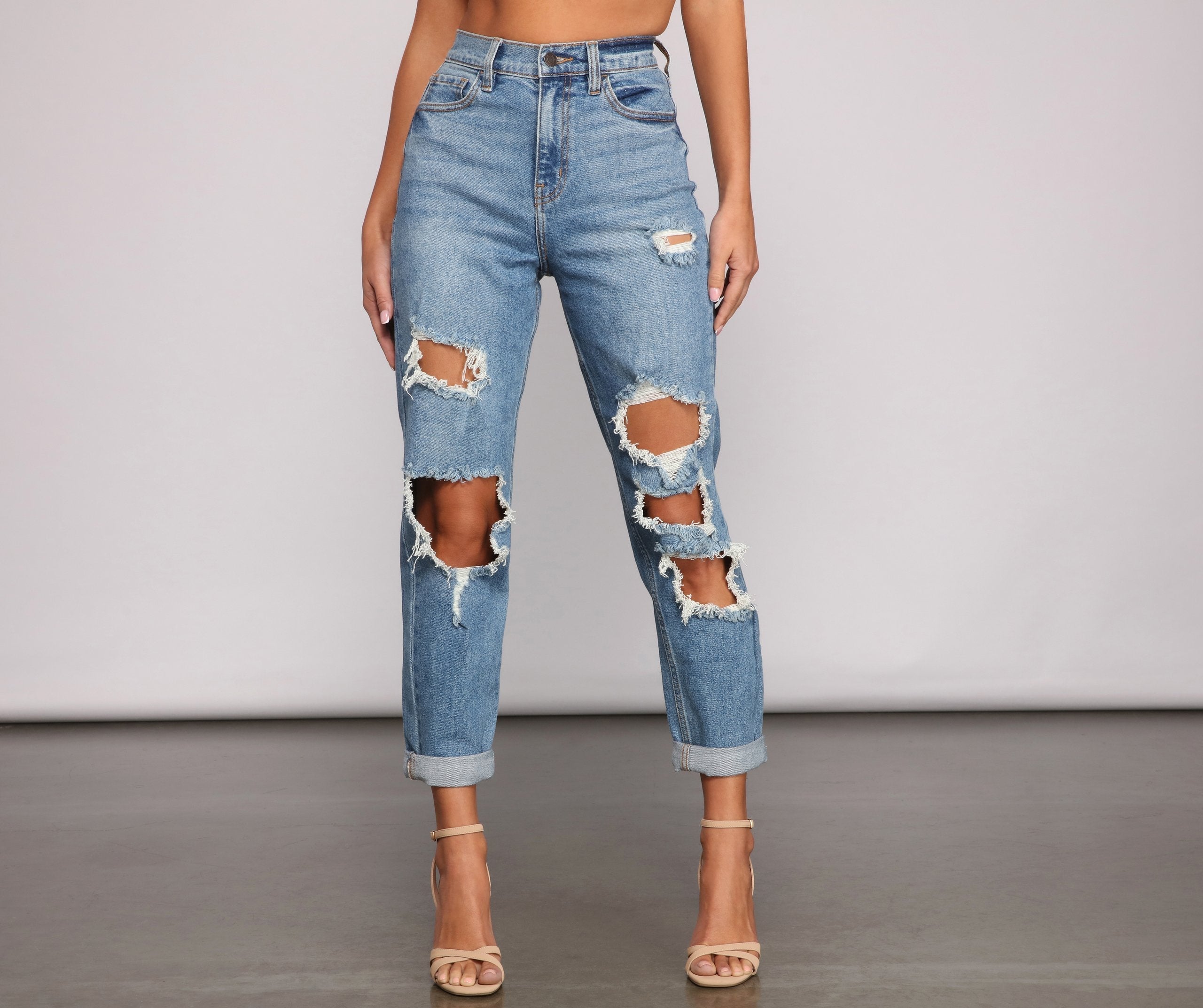 Totally Destructed Cuffed Mom Jeans Sai Feel