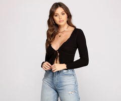 Trendy Ribbed Knit Tie-Front Top Sai Feel