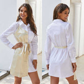 Turndown Collar Button V-Neck Contract Lace Front Long Sleeved T Shirt Dress Women Tie Waist Mini Dress Sai Feel