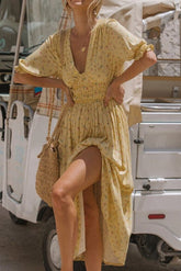 V-Neck Ankle-Length Short Sleeve Patchwork Pullover Women's Dress Sai Feel