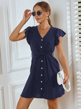 V Neck Button Front Flounce Sleeve Belted Dress Sai Feel