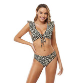 V-Neck Ruffle hem Tie Front Bikini Suit Sai Feel