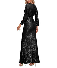 V-Neck Split Long Sleeve Shinning Sequins Dress Sai Feel