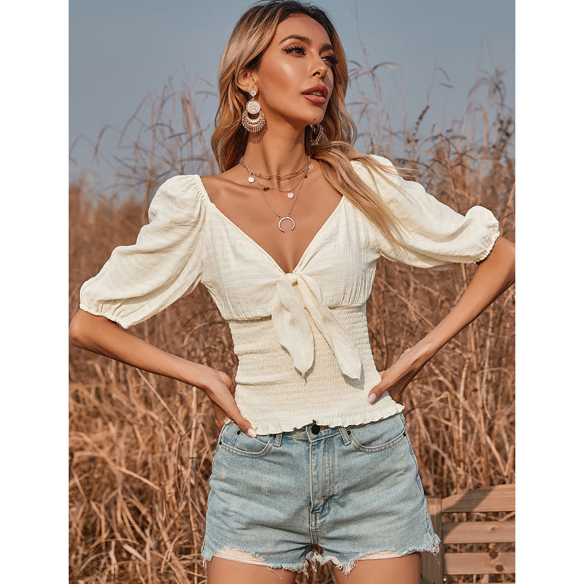 V-neck Bow Tie Puff Sleeve Sexy Top Blouse Sai Feel