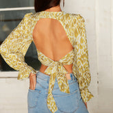 V-neck Long Sleeve Chiffon printed Shirt Sai Feel