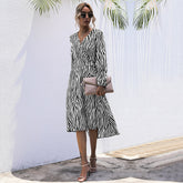 V-neck Long Sleeve Spring Autumn Dress Women Striped Loose Boho Dress Sai Feel