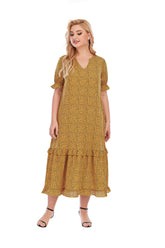 V neck Short Sleeve Loose Wide-Hem Long Dress Sai Feel