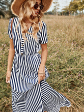 V-neck high waist blue striped dress Sai Feel