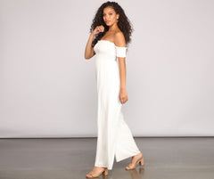 Vacay Bound Off The Shoulder Smocked Jumpsuit Sai Feel