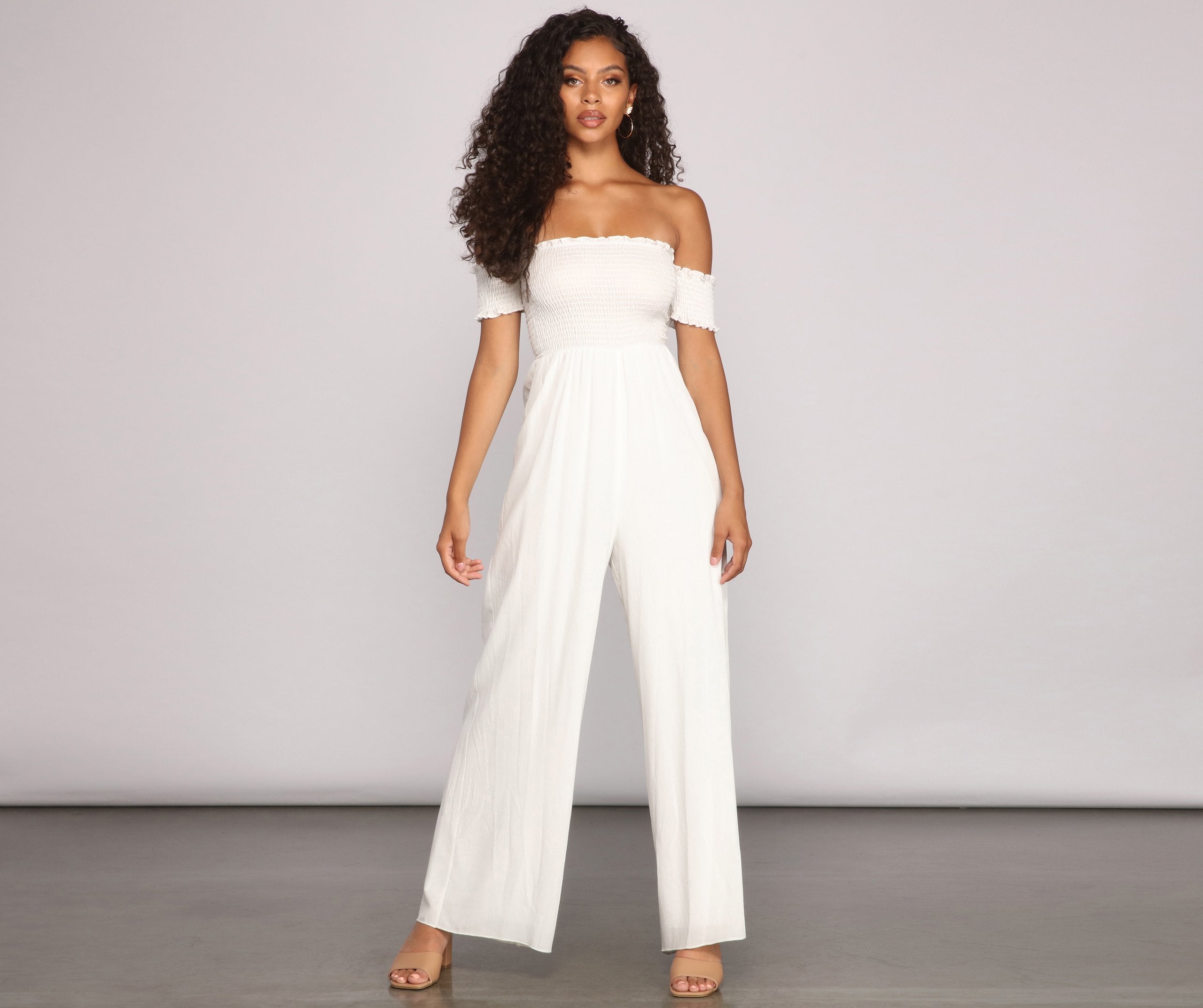 Vacay Bound Off The Shoulder Smocked Jumpsuit Sai Feel