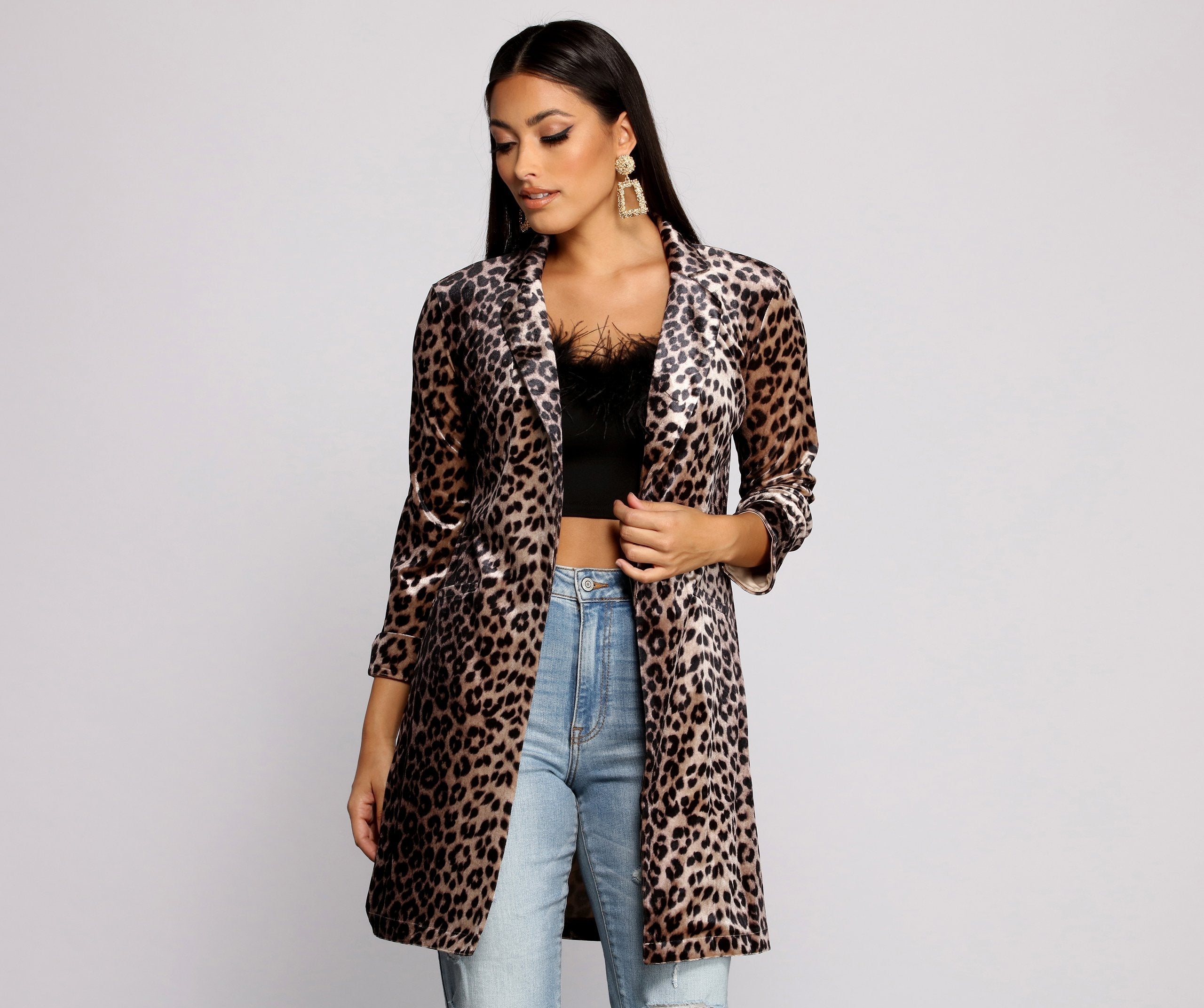 Velvet Leopard Print Long Line Blazer Sai Feel
