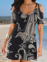 Vintage Print Sling Strap Off Shoulder Short Sleeve Dress Sai Feel