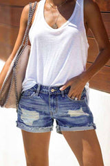 Waist Solid Color Regular Fit Hole Casual Jeans Sai Feel