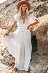 White Cover-ups Bikini Cover up Kaftan Women Long Maxi Dress Solid V neck Ladies Holiday Dress Sai Feel