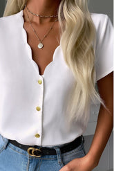 White V-Neck Scallop Edge Blouse Sai Feel