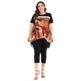 Women 2pcs Per Set nine - cent pants round collar printed patchwork casual Shirt Sai Feel