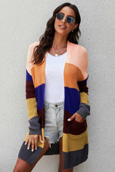 Women Boho Long Sleeve Color Block Open Front Loose Knitted Cardigan Sai Feel