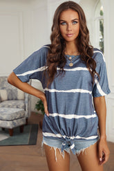 Women Casual Short Sleeve Sweatshirts Round Neck Striped Tie-Dye Ladies Top Sai Feel