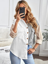 Women Constract Colorblock Sun Cotton Corduroy Button Shacket Blouse Sai Feel