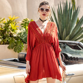 Women Deep V-Neck Boho Dress Solid High Waist Midi Dress 3/4 Sleeve Sai Feel