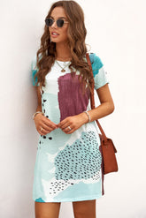 Women Fashion Crewneck Short Sleeve Casual Loose Leopard Splicing Color Block Mini Dress Sai Feel