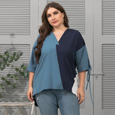 Women Fashion Geometric Contrast Color Spliced T-shirt Top Plus Size Sai Feel