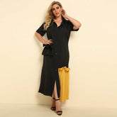 Women Fashion Lapel Matching Flounce Mid-sleeved Dress Plus Size Sai Feel