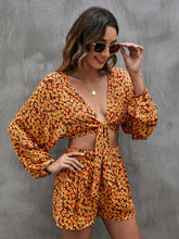 Women Floral Print Set Long Sleeve Deep V Neck Bow Front and Shorts Suit Sai Feel