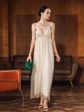 Women Glitter Sleeveless Halter V Neck Party Wedding Dress Sai Feel
