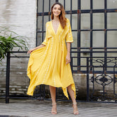 Women Loose short sleeve Deep V Neck Casual Irregular Hem Long Dress Sai Feel