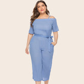 Women Plus Size Off Shoulder Loose Waistline Suspenders Jumpsuit Sai Feel