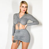 Women Sexy long sleeve Drawstring Front Top & Drawsting hem Skirt Set Sai Feel