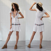 Women Short Sleeve Front Belt Deep V Neck Boho Embroidery Mini Dress Ladies Summer Holiday Sundress Sai Feel