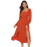 Women Summer Fashion Square Neck Slim Waist Slit Dress Sai Feel