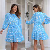 Women Tie Neck Dress Dot Print Long Sleeve Dress with Belt Robe Femme Kleider Damen Vestido Sai Feel
