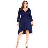 Women V-neck Elegant Dress Ruffled Waist Plus Size Skirt Middle Sleeve Sai Feel