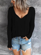 Women V-neck draw rope pure color pullover long sleeve T-shirt blouse Sai Feel