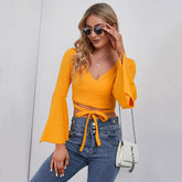 Women V-neck trumpet-sleeve top long sleeve T-shirt with crop Sai Feel