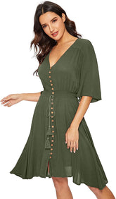 Women's Boho Button Up Split Solid Vintage Flowy Party Dress Sai Feel