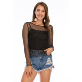 Women's Bright Perspective Long-sleeved Bottoming Shirt Hollow Sexy Mesh Long-sleeved T-shirt Top Sai Feel