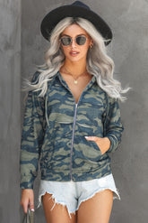 Women's Camo Print Zip Up Pocket Long Sleeve Hoodie Jacket Sai Feel