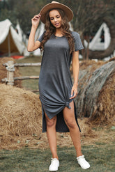 Women's Casual Crewneck Solid Color T Shirt Dresses Summer Short Sleeve Swing Midi Dress Sai Feel