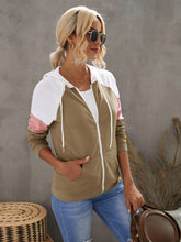 Women's Casual Fashion Color Block Shirt Zipper Hooded Top Sai Feel