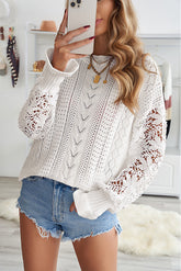 Women's Casual Lace Long Sleeve Sweaters Crewneck See-through Hollow Out Solid Color Pullover Tops Sai Feel