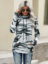 Women's Casual Long Sleeve High Neck Drawstring Camo Kangaroo Pocket Jumper Top Sai Feel