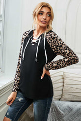 Women's Casual Long Sleeve Leopard Criss Cross Neckline Drawstring Thin Pullover Sai Feel